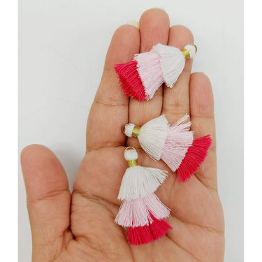 White,Pink and Cerise Pink Small Cotton Tassels in Three Layers With Gold Colour Brass Loop Ring, Tassel Charms x 5